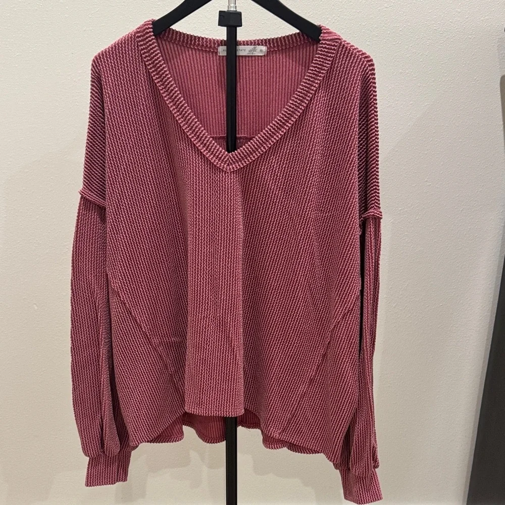 Altar'd State Rose Mauve Ribbed V-Neck Sweater